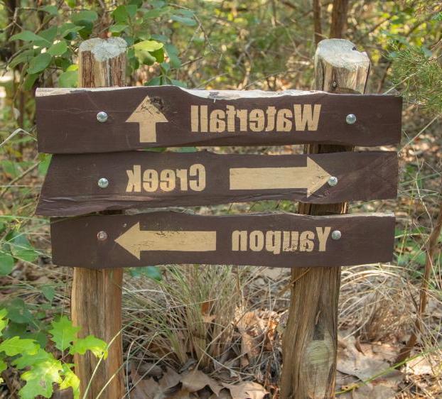 The image depicts a wooden directional signpost in a natural setting. An upward-pointing arrow indicates the direction to a waterfall. 左边的箭头指向一条小溪. The right-pointing arrow possibly indicates a trail or area named Yaupon. The signpost is surrounded by trees and foliage, suggesting it's located in a park or nature reserve.